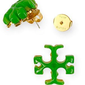 Auth NEW Tory Burch Green Stud Gold Azure Roxanne Logo Earrings Card w Dust Bag